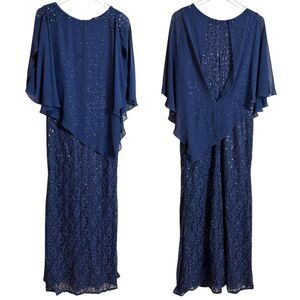 Navy Maxi Dress Shiny Detailing Arm Slits Front Cape V-Back Cape Back Zip.  14